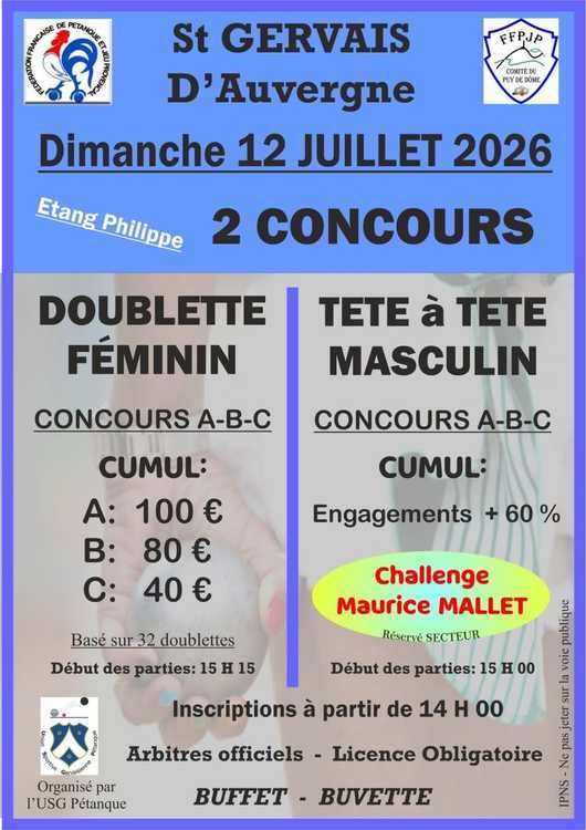 Concours en Tête à tête le 12 juillet 2026 - Lieu à définir (63) - 00000