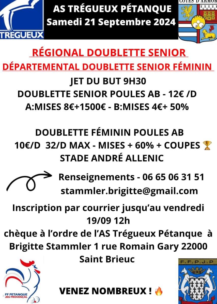 Concours en Doublette le 21 septembre 2024 - Trégueux - 22950