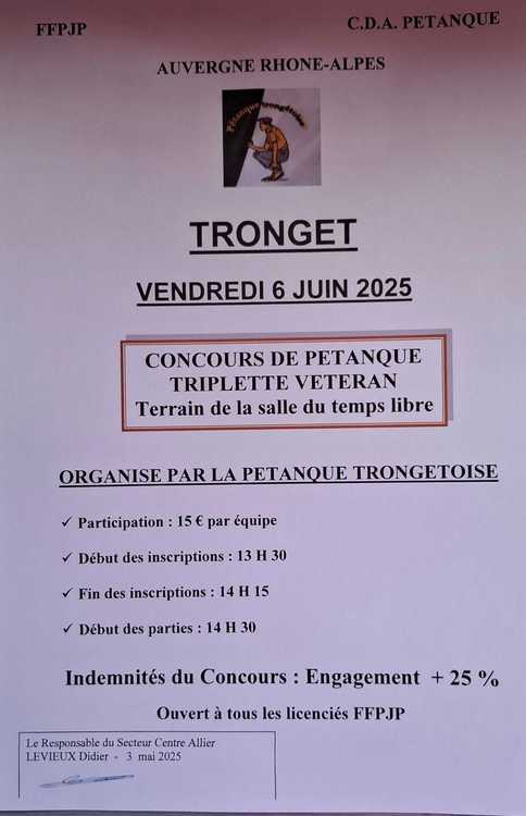 Concours en Triplette le 6 juin 2025 - Tronget - 03240
