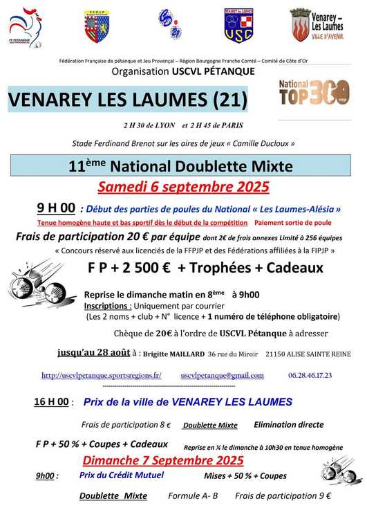 Concours en Doublette Mixte le 6 septembre 2025 - Venarey-les-Laumes - 21150