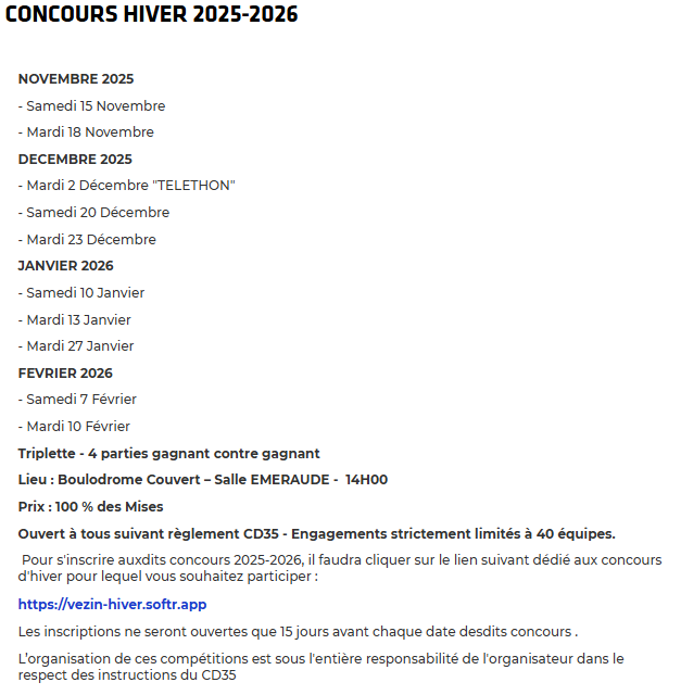 Concours en Triplette le 27 janvier 2026 - Vezin-le-Coquet - 35132