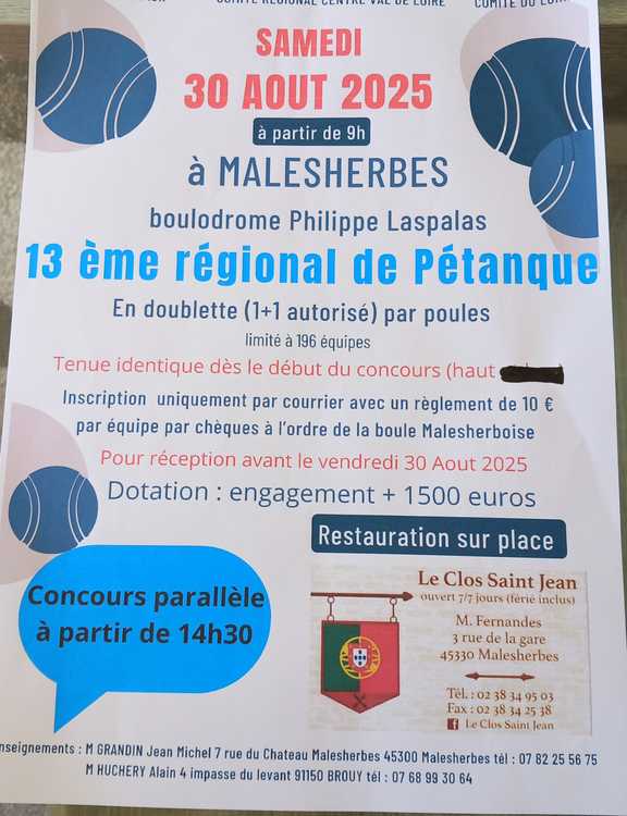 Régional doublette Malesherbes 45330 - Evènement du club de pétanque La boule Malesherboises