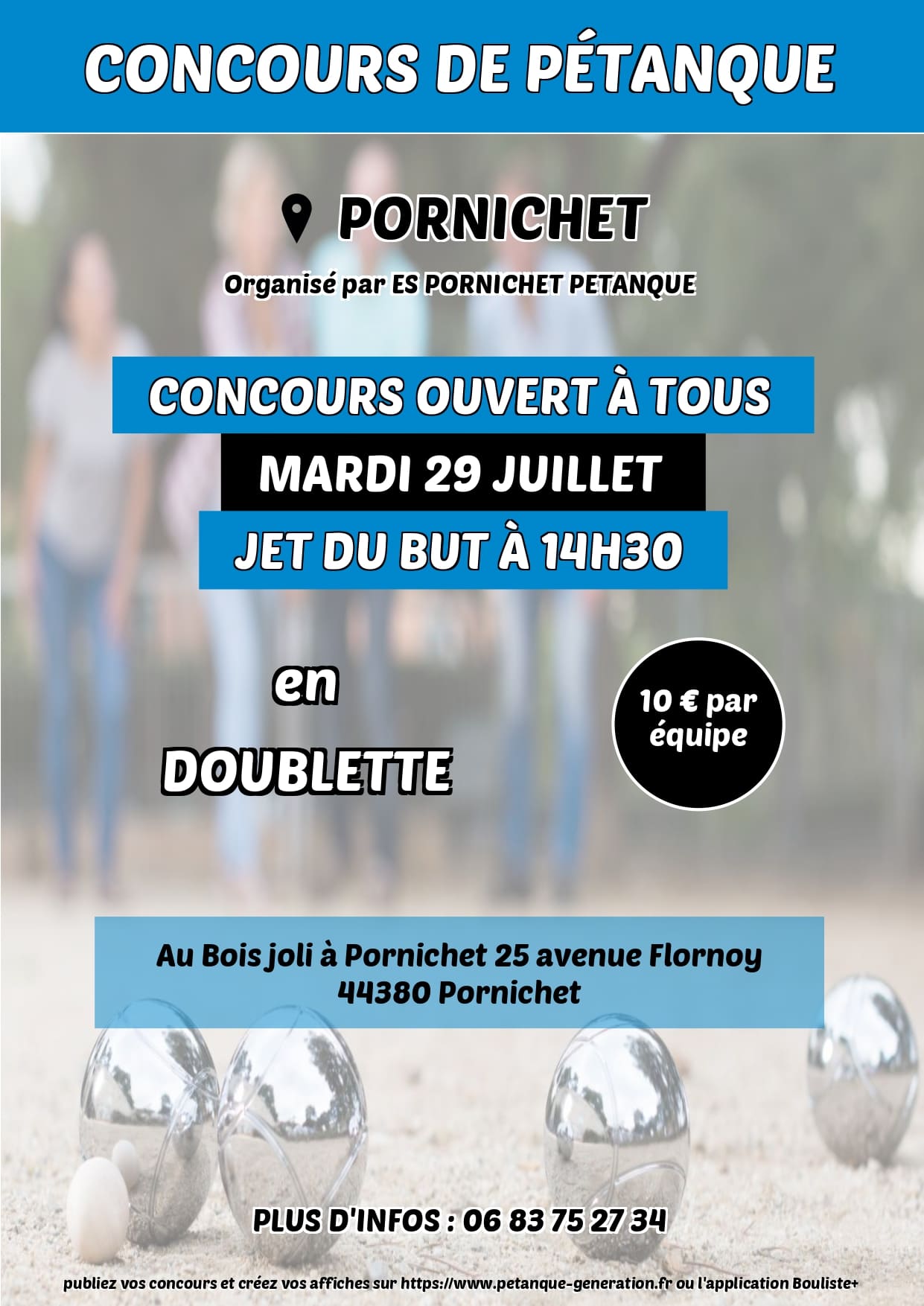 Affiche de concours de pétanque avec un fond bleu